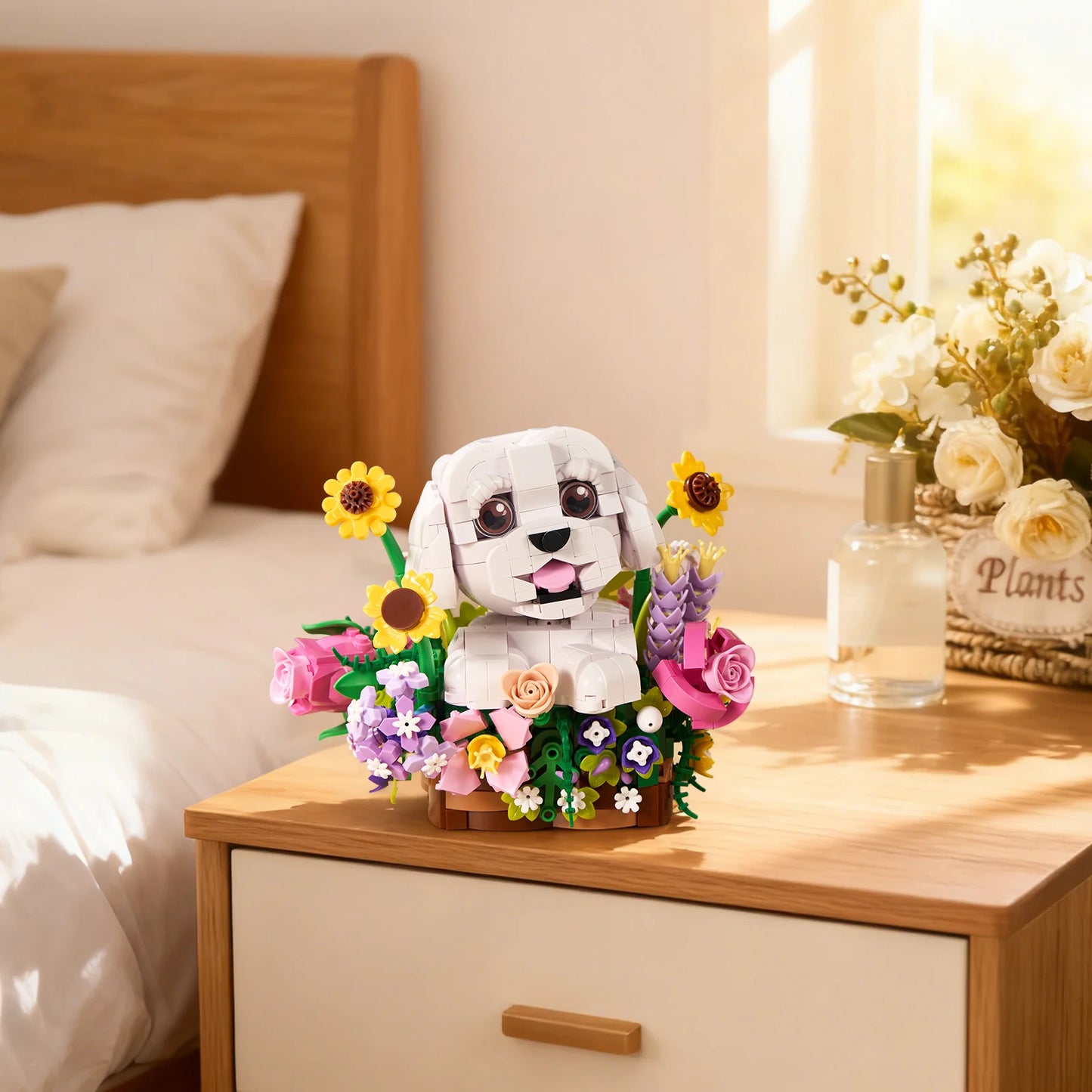 Adorable Dogs Bouquet Succulent Building Blocks Set Dogs Artificial Flowers Bonsai Creative Plants and Animals Toys for Kids