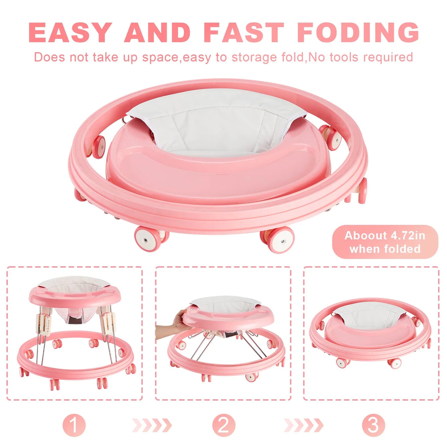 Baby Walker, Foldable Multi-Function Anti-Rollover Walker with Brake Design, 5 Level Height Adjustable, Baby Walkers