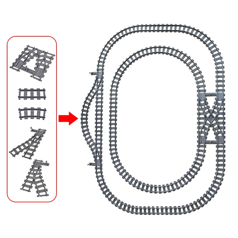 MOC 110pcs 25 Styles City Train Tracks Set Single Slip Switch Crossings Rails Bricks Building Blocks Technical Toys for kids