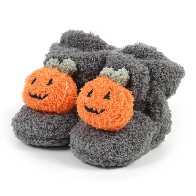 2023-08-09 Lioraitiin 0-18M Newborn Baby Booties Halloween Pumpkin Booties Fleece Slippers Soft Crib Shoes Prewalkers
