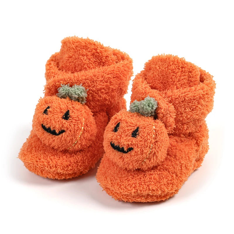 2023-08-09 Lioraitiin 0-18M Newborn Baby Booties Halloween Pumpkin Booties Fleece Slippers Soft Crib Shoes Prewalkers