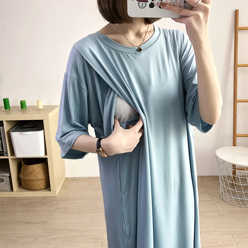 Maternity Pajamas Breastfeeding Nightgowns Summer Short Sleeve Sleepwear Nightie Mothers Nightwear Pregnant Animal Nursing Dress