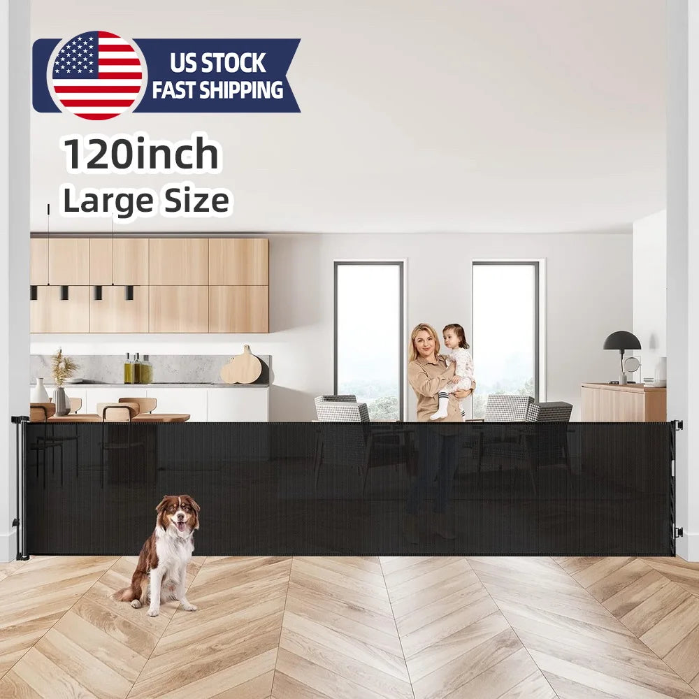 Retractable Baby Doorways Safe 120inch Extra Wide Baby Gate Baby Safety Gate For Stairs Doorway Indoor Metal Dog Gate Black