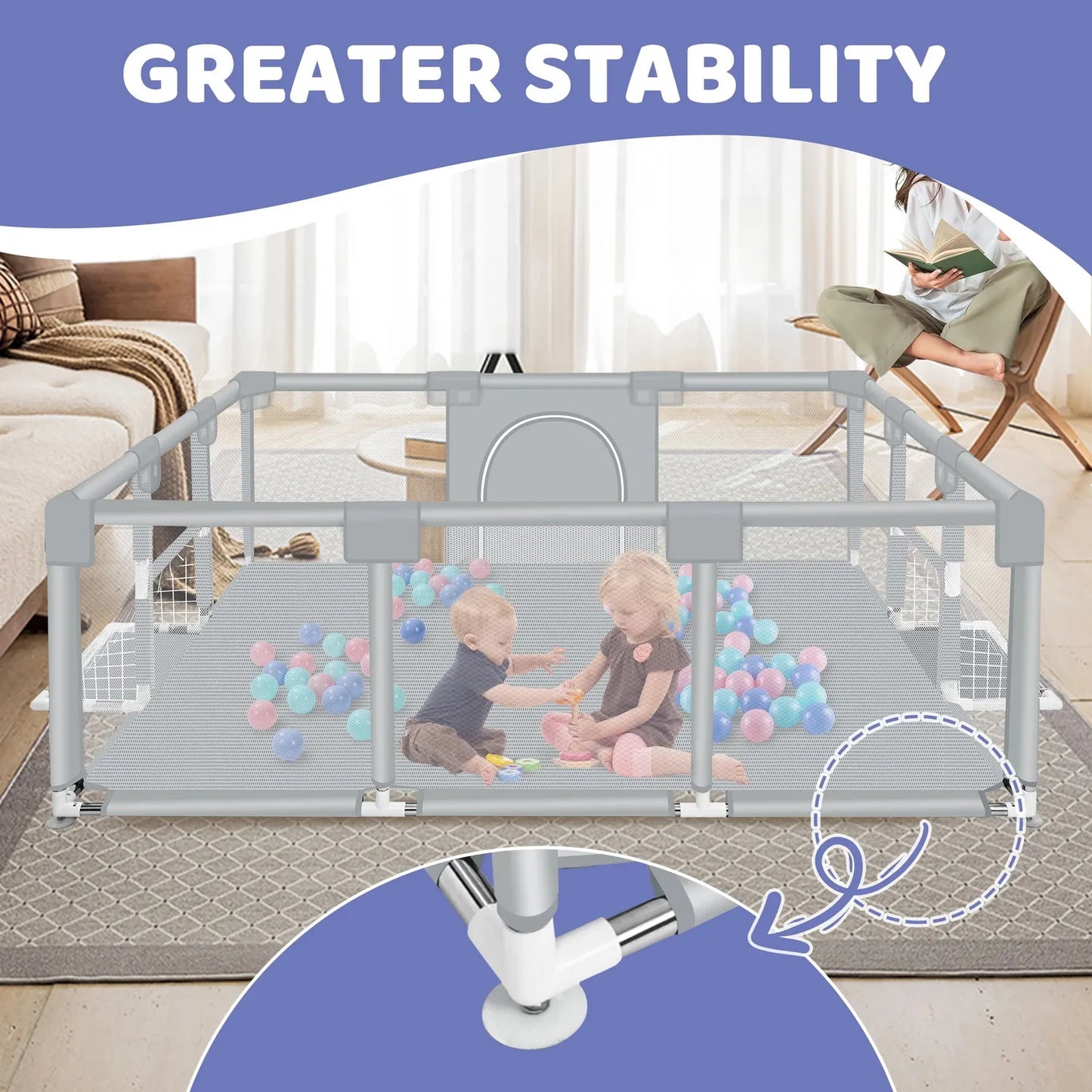 ANGDUO Baby Playpen 71 Inch Large Baby Play Yard With Soft Breathable Mesh Safety Play Fence For Infant And Toddlers Light Grey
