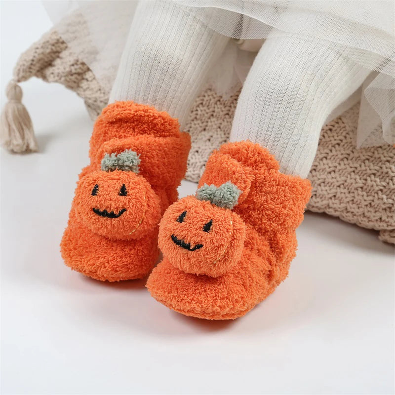 2023-08-09 Lioraitiin 0-18M Newborn Baby Booties Halloween Pumpkin Booties Fleece Slippers Soft Crib Shoes Prewalkers
