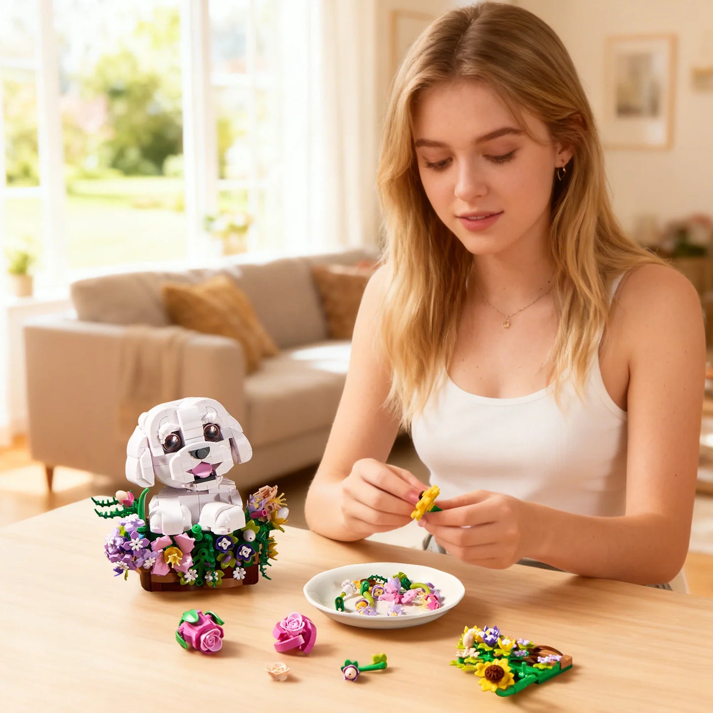 Adorable Dogs Bouquet Succulent Building Blocks Set Dogs Artificial Flowers Bonsai Creative Plants and Animals Toys for Kids