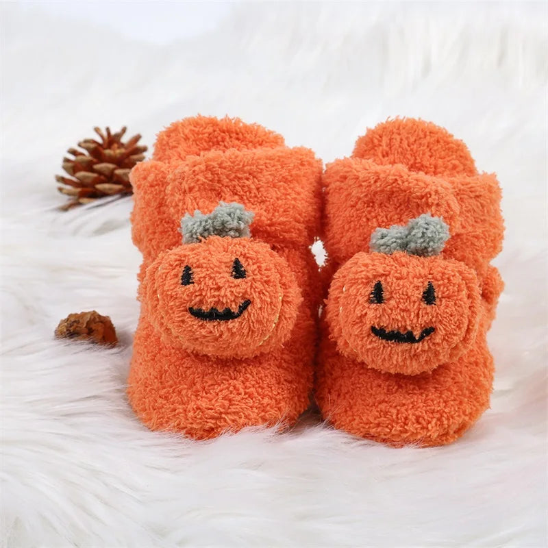 2023-08-09 Lioraitiin 0-18M Newborn Baby Booties Halloween Pumpkin Booties Fleece Slippers Soft Crib Shoes Prewalkers