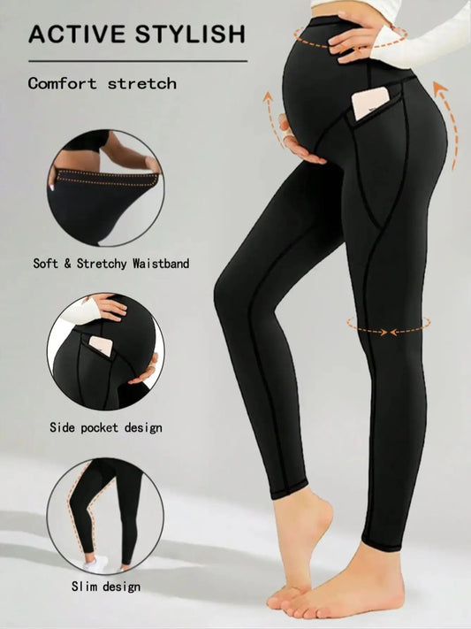 Women's Maternity Stretchy Leggings - Belly Pocket Supportive Non-See-Through Yoga Pants for Pregnant Women (Daily Wear)