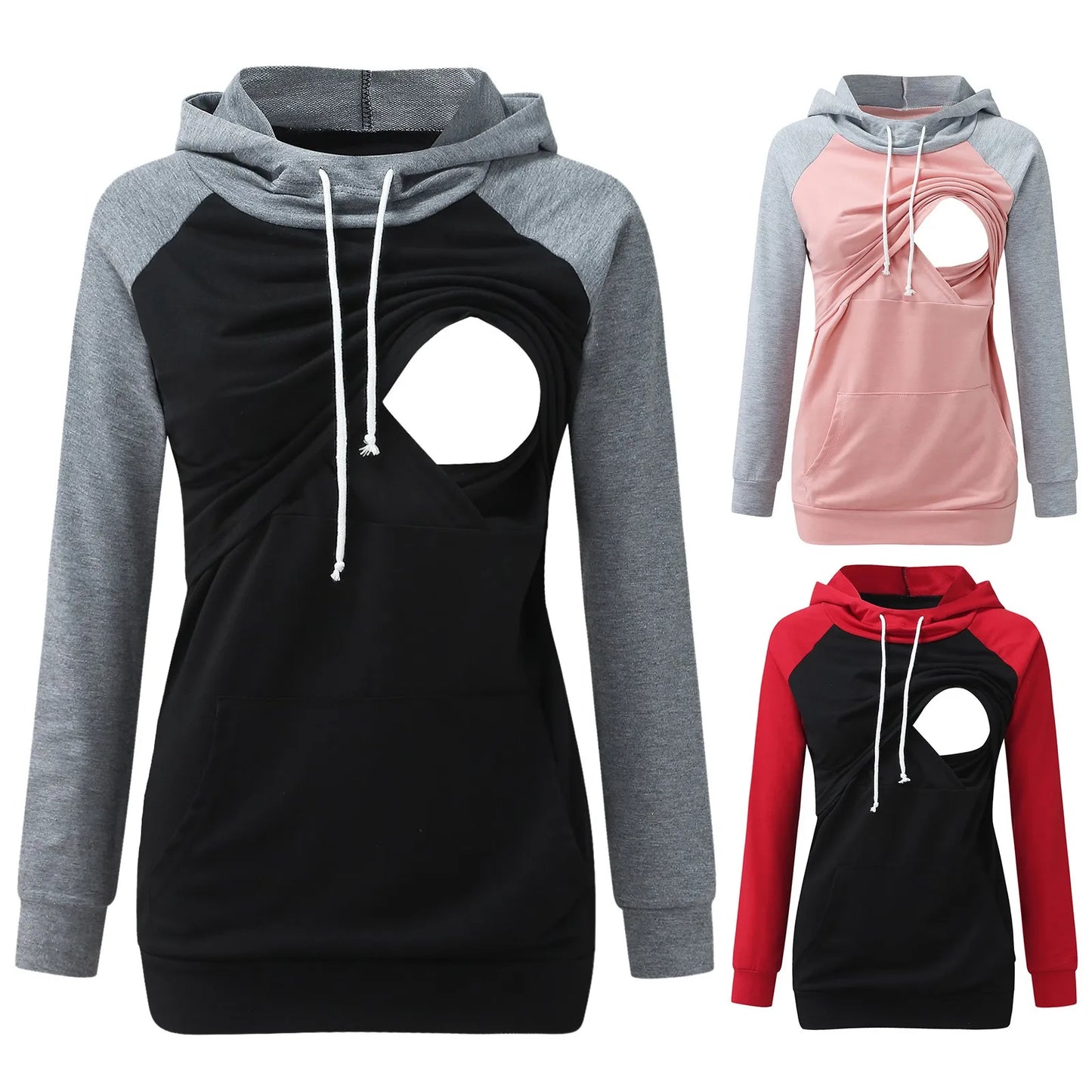 Maternity Tops Womens Pregnant Color Patchwork Long Sleeve Hoodie Casual Blouse Womens Breastfeeding Sweatshirt With Pockets